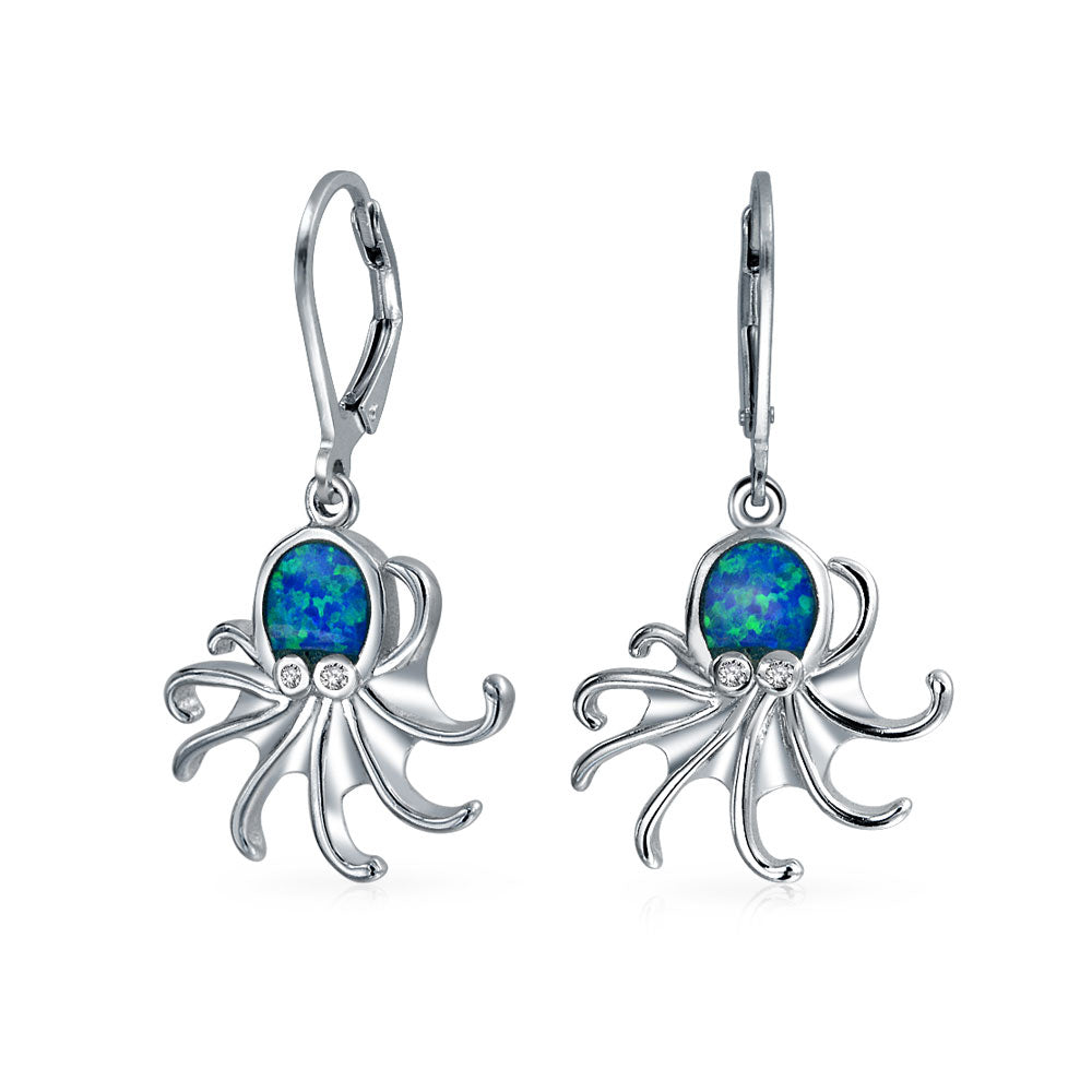Blue Created Opal Lever back Octopus Earrings .925 Sterling Silver