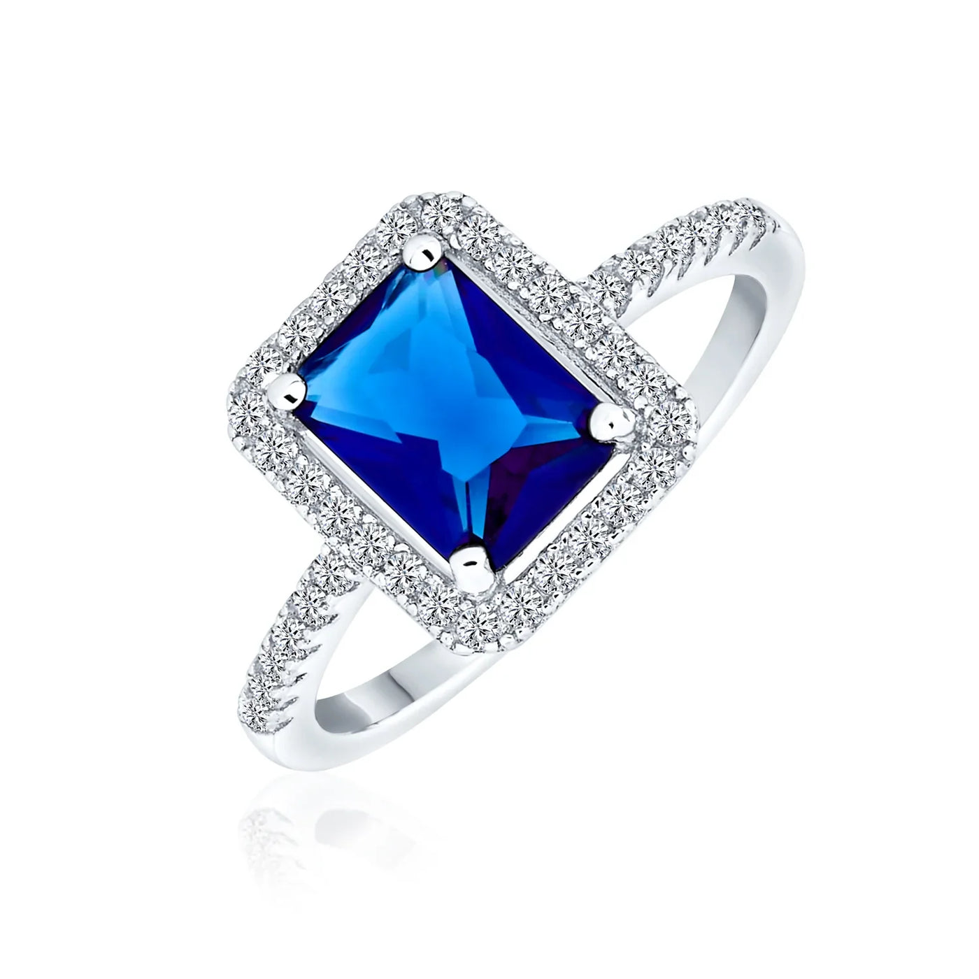 Art Deco Style Emerald Cut Engagement Ring Blue Sapphire CZ
