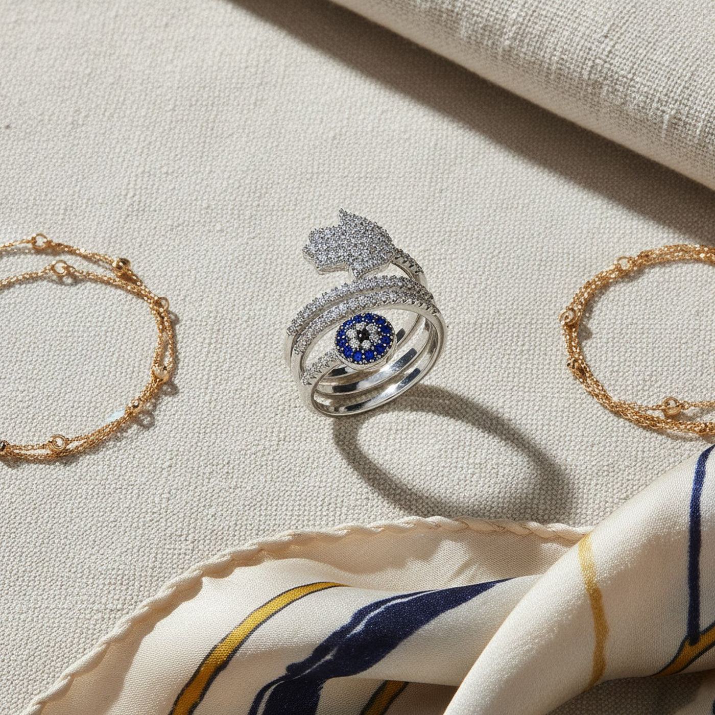 Amulet Blue CZ Hamsa Evil Eye Cocktail Statement Ring