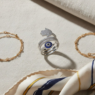 Amulet Blue CZ Hamsa Evil Eye Cocktail Statement Ring