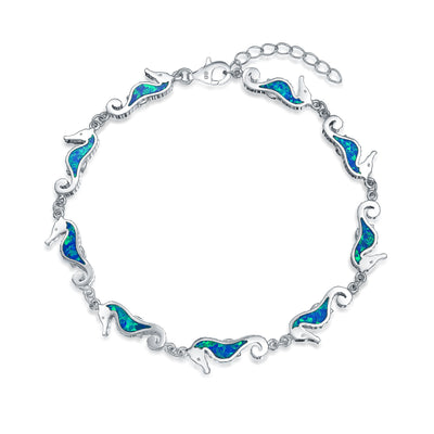Nautical Seahorse Blue Created Opal Charm Bracelet .925 Sterling Silver
