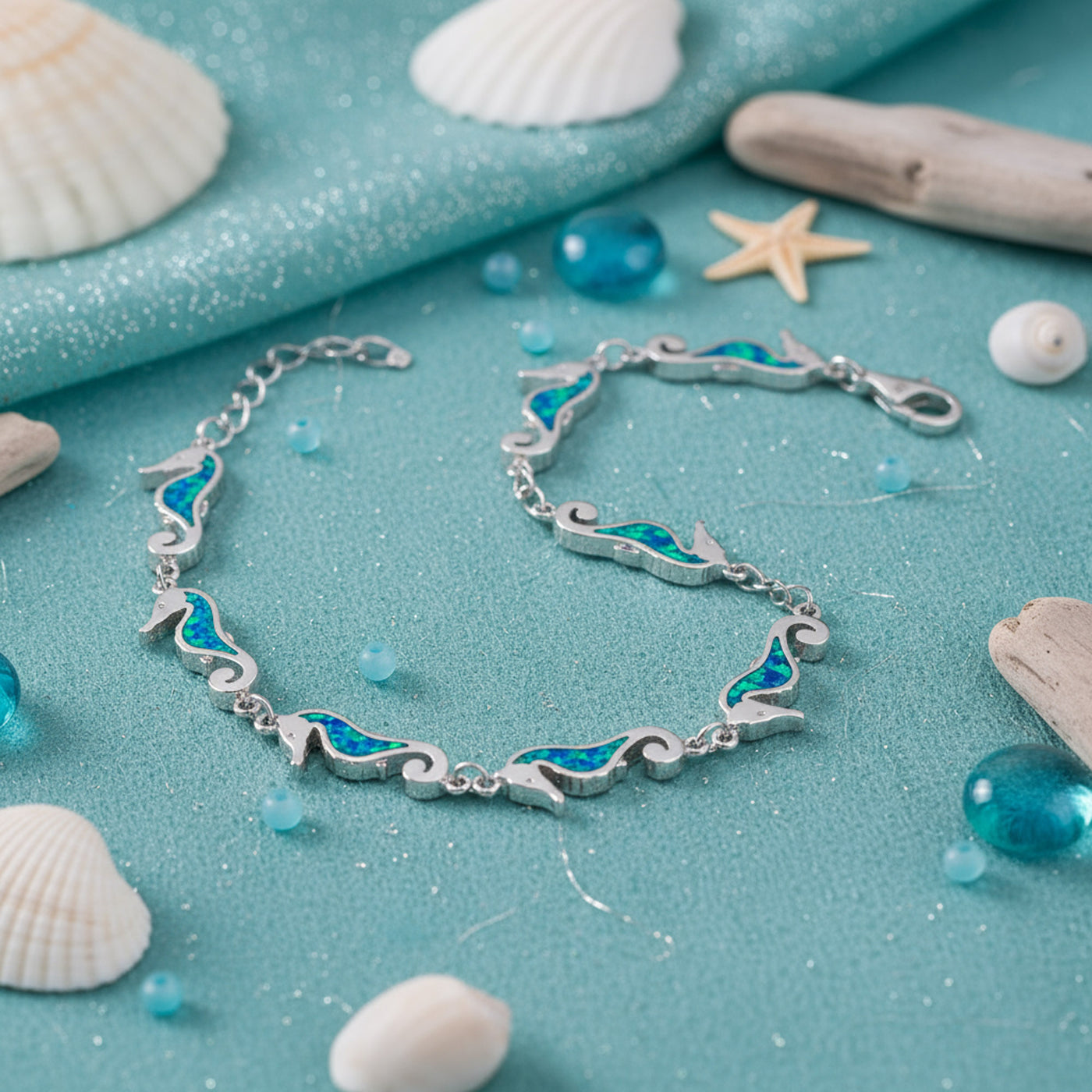 Nautical Seahorse Opal Charm Strand Bracelet Sterling Silver