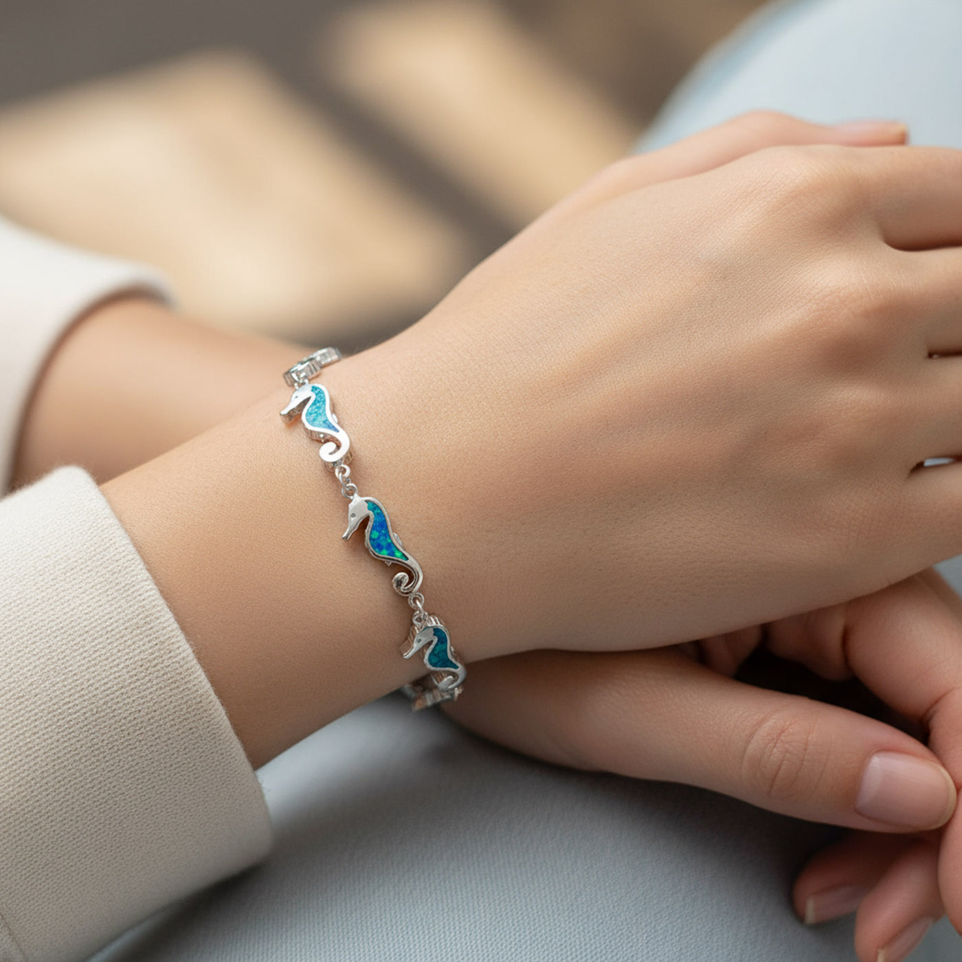 Nautical Seahorse Opal Charm Strand Bracelet Sterling Silver
