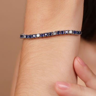 Alternating Gemstones Blue Sapphire White Zircon Tennis Bracelet Sterling Silver