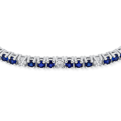 Alternating Gemstones Blue Sapphire White Zircon Tennis Bracelet Sterling Silver