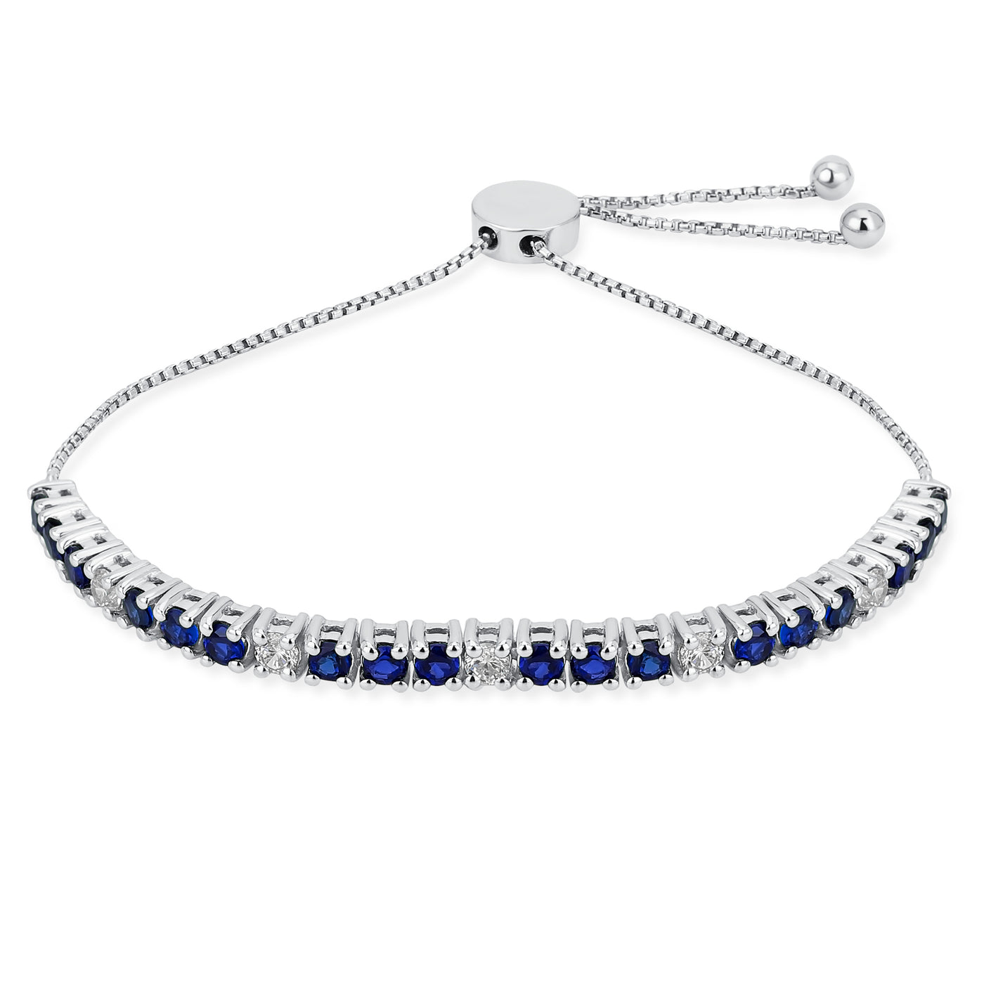 Alternating Gemstones Blue Sapphire White Zircon Tennis Bracelet Sterling Silver