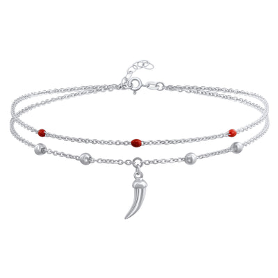 Tooth Horn Red Bead Chili Pepper Anklet Ankle Bracelet .925 Silver