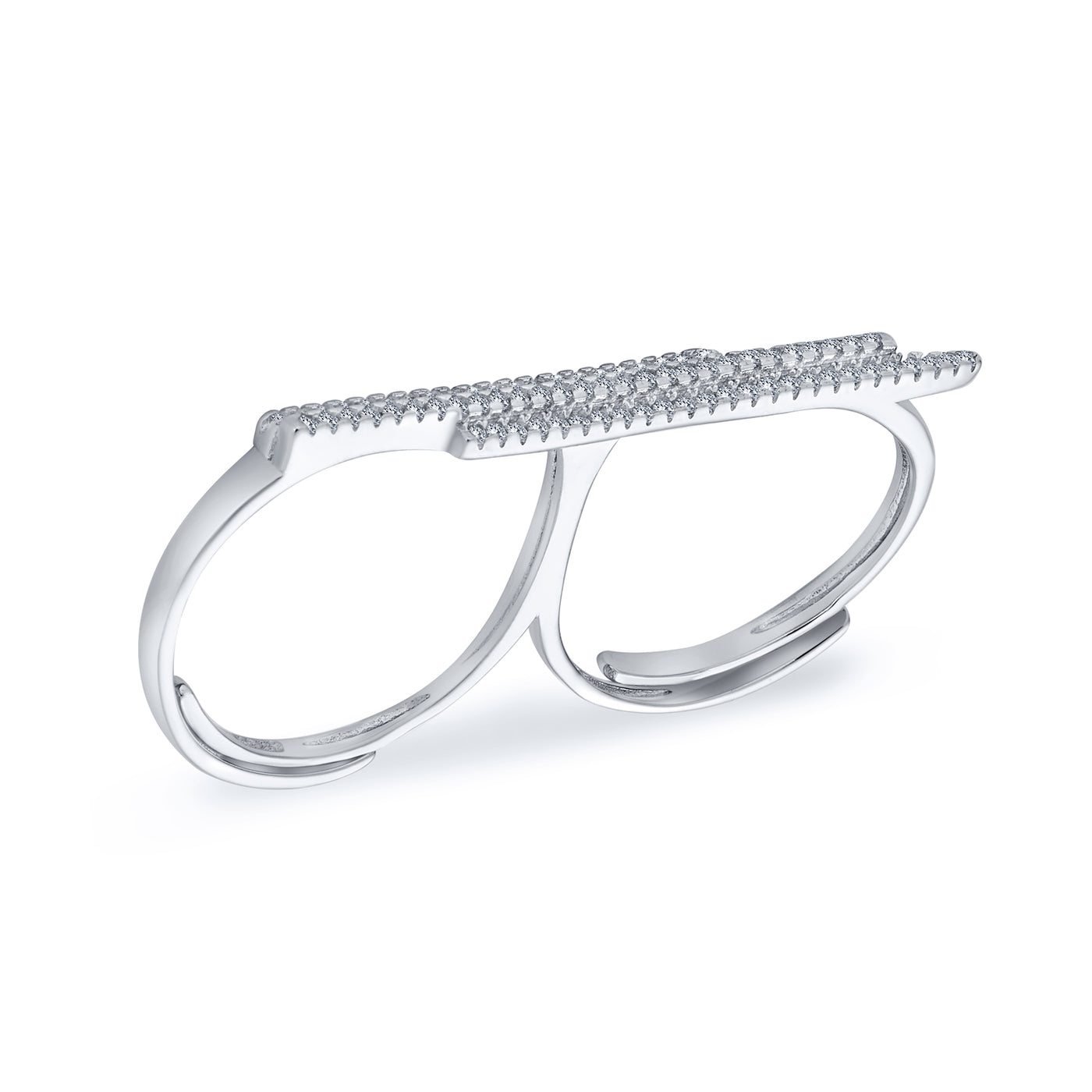 Boho CZ Pave Double Sideway Bar Two Finger Ring .925 Sterling Silver