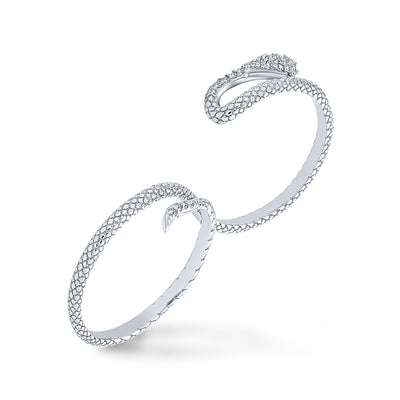 Boho Fashion CZ Pave Serpent Snake Two Finger Ring .925 Sterling Silver