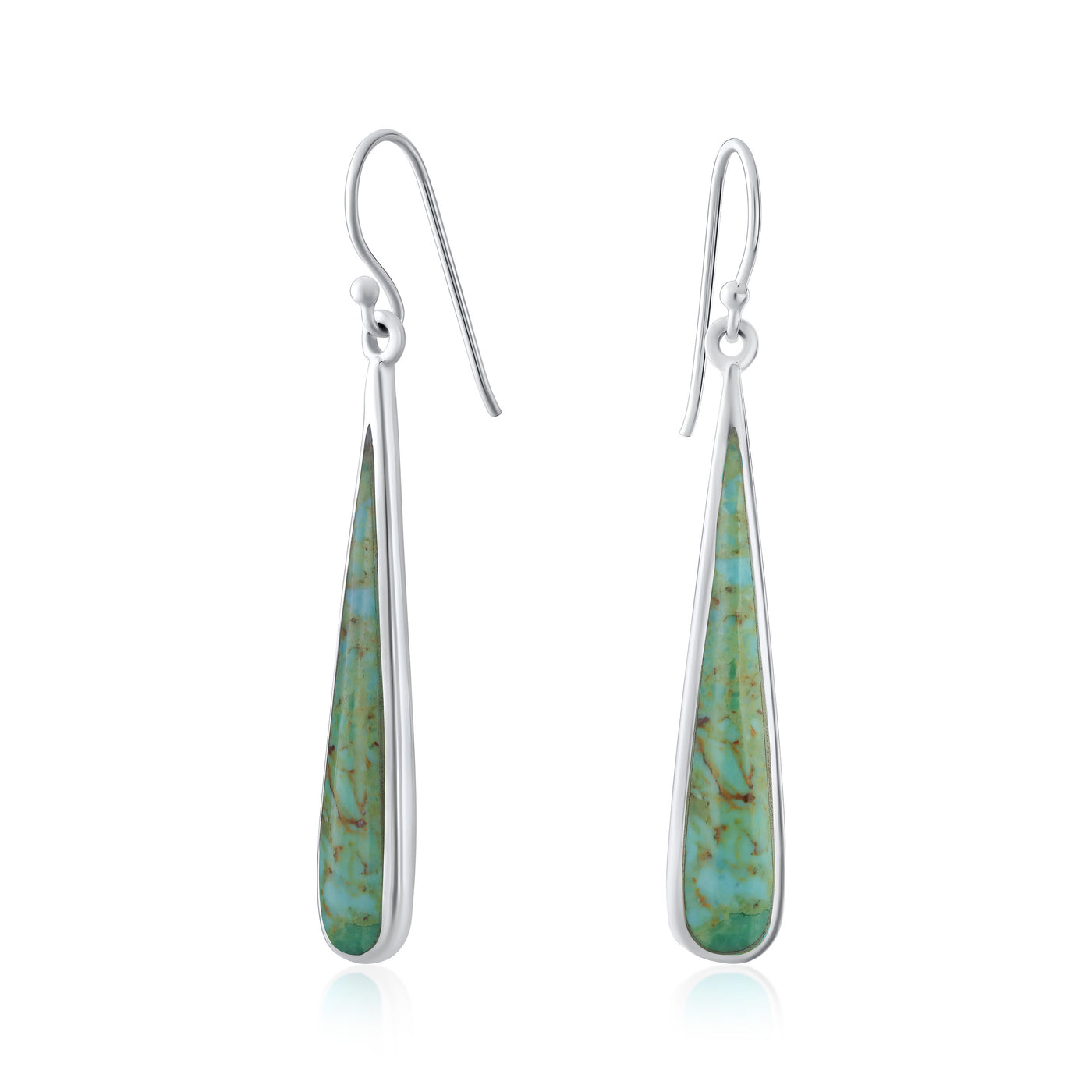 Boho Stabilized Turquoise Long Flat Teardrop Dangle Earrings Sterling Silver