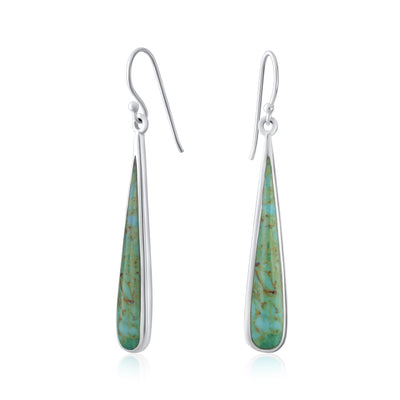 Boho Stabilized Turquoise Long Flat Teardrop Dangle Earrings Sterling Silver