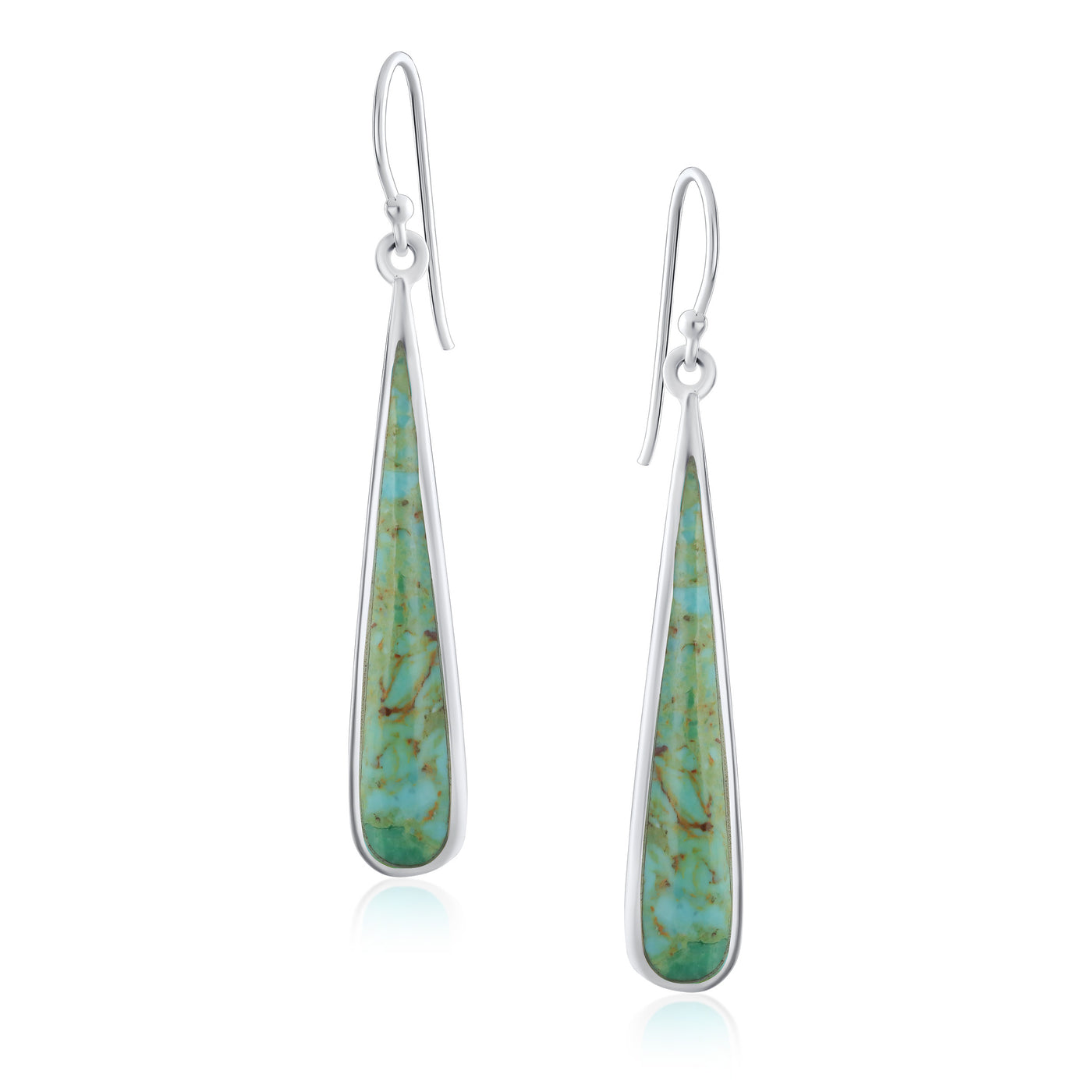 Boho Stabilized Turquoise Long Flat Teardrop Dangle Earrings Sterling Silver