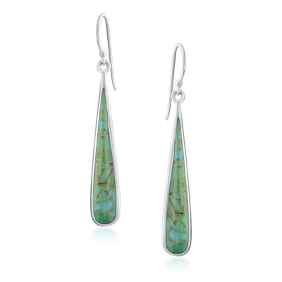 Boho Stabilized Turquoise Long Flat Teardrop Dangle Earrings Sterling Silver