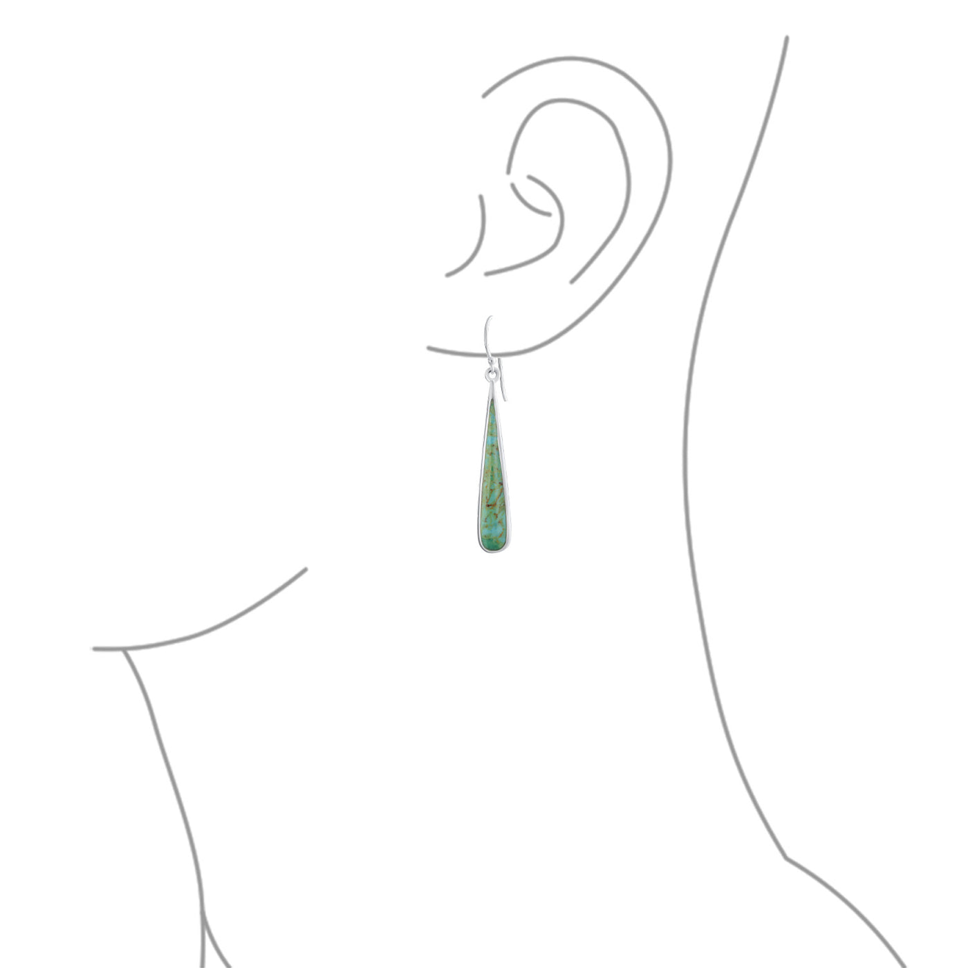 Boho Stabilized Turquoise Long Flat Teardrop Dangle Earrings Sterling Silver