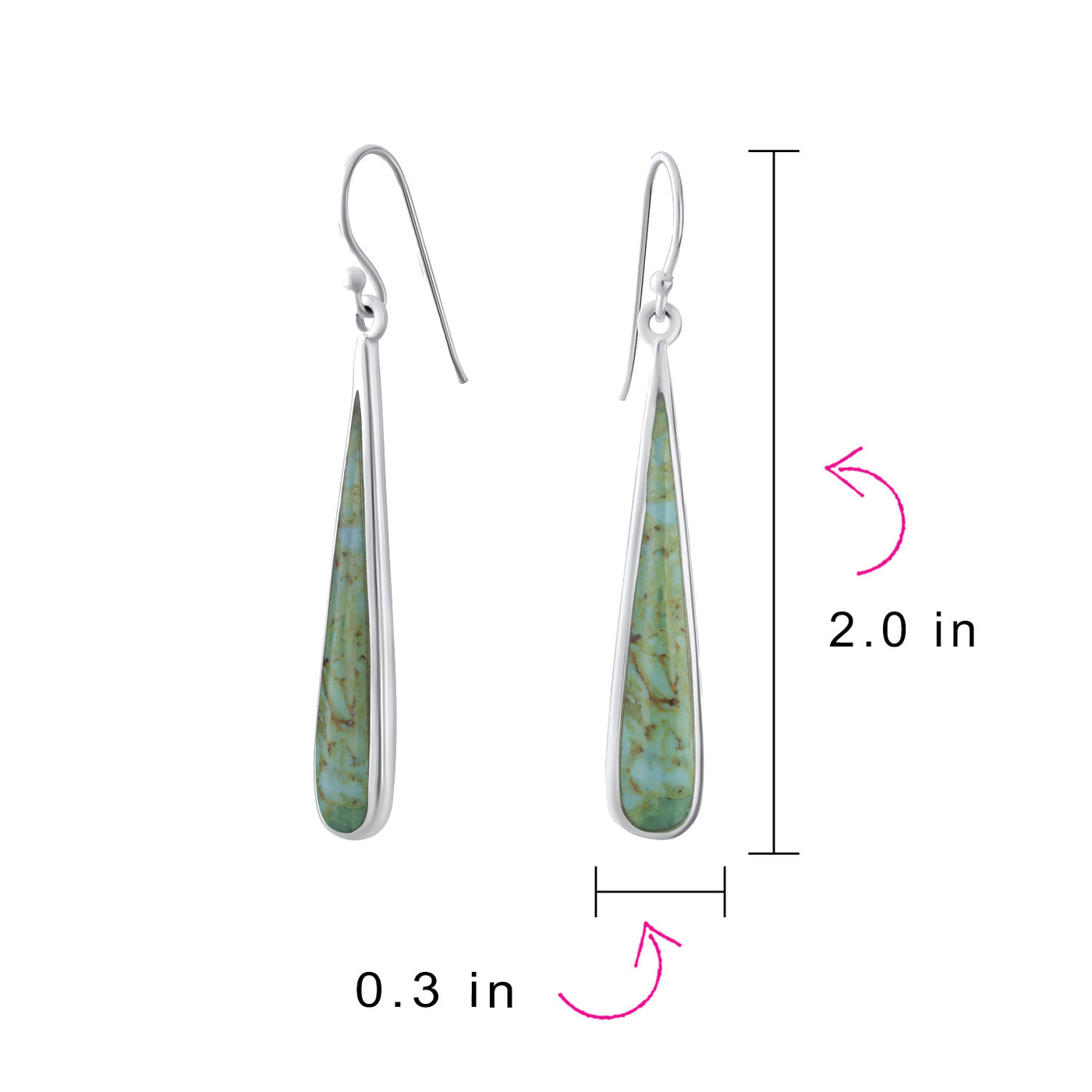 Boho Stabilized Turquoise Long Flat Teardrop Dangle Earrings Sterling Silver