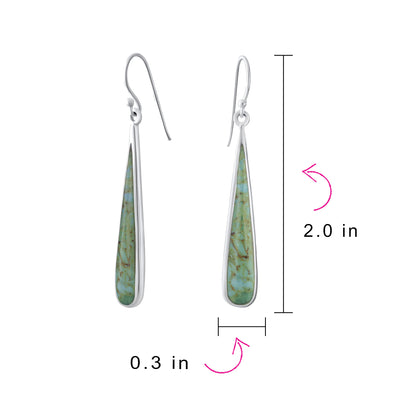 Boho Stabilized Turquoise Long Flat Teardrop Dangle Earrings Sterling Silver