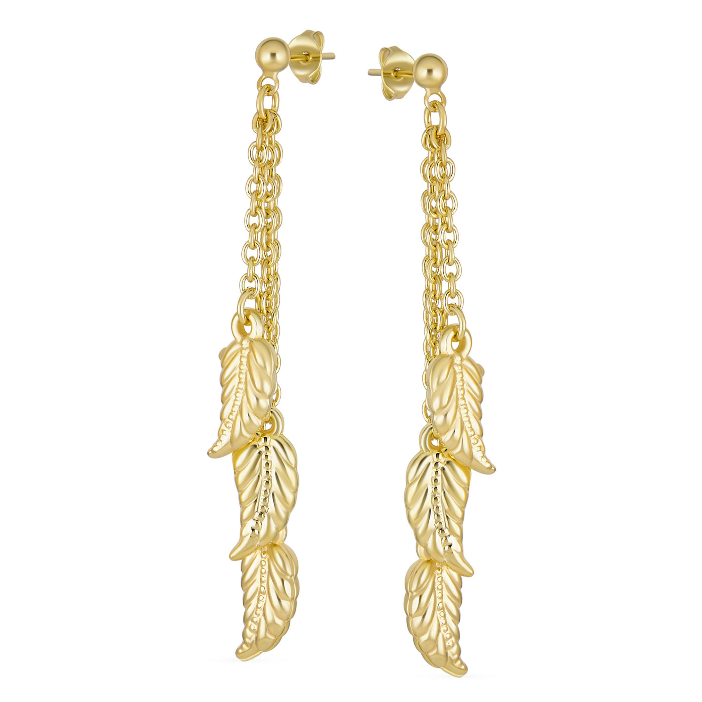 Western Jewelry Long Multi Leaf Feather Chain Dangle Earrings Gold