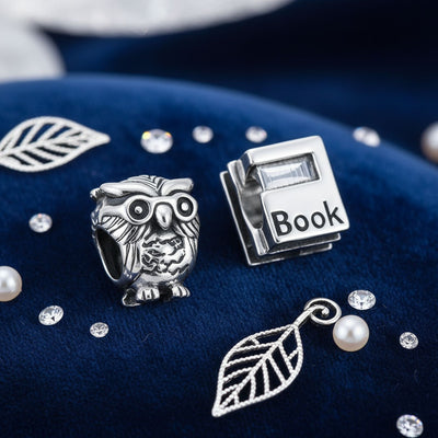 Set of 2 Wise Graduate Owl Bird & Book Charm Bead Oxidized Sterling Silver