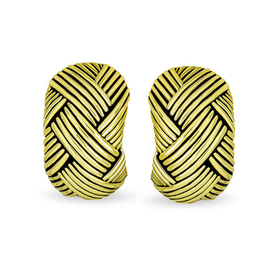 Woven Braided Basket Weave Hoop Clip On Earrings Oxidized Gold Plated