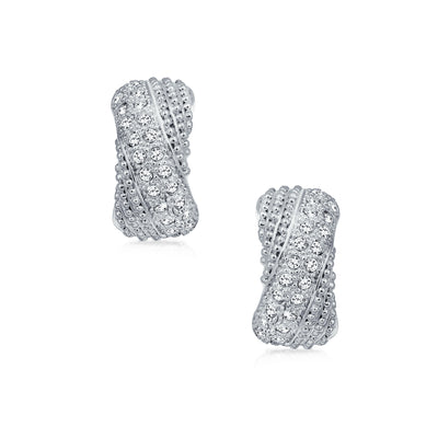 Criss Cross Twisted Pave Dome Hoop Clip On Earrings Silver Plated