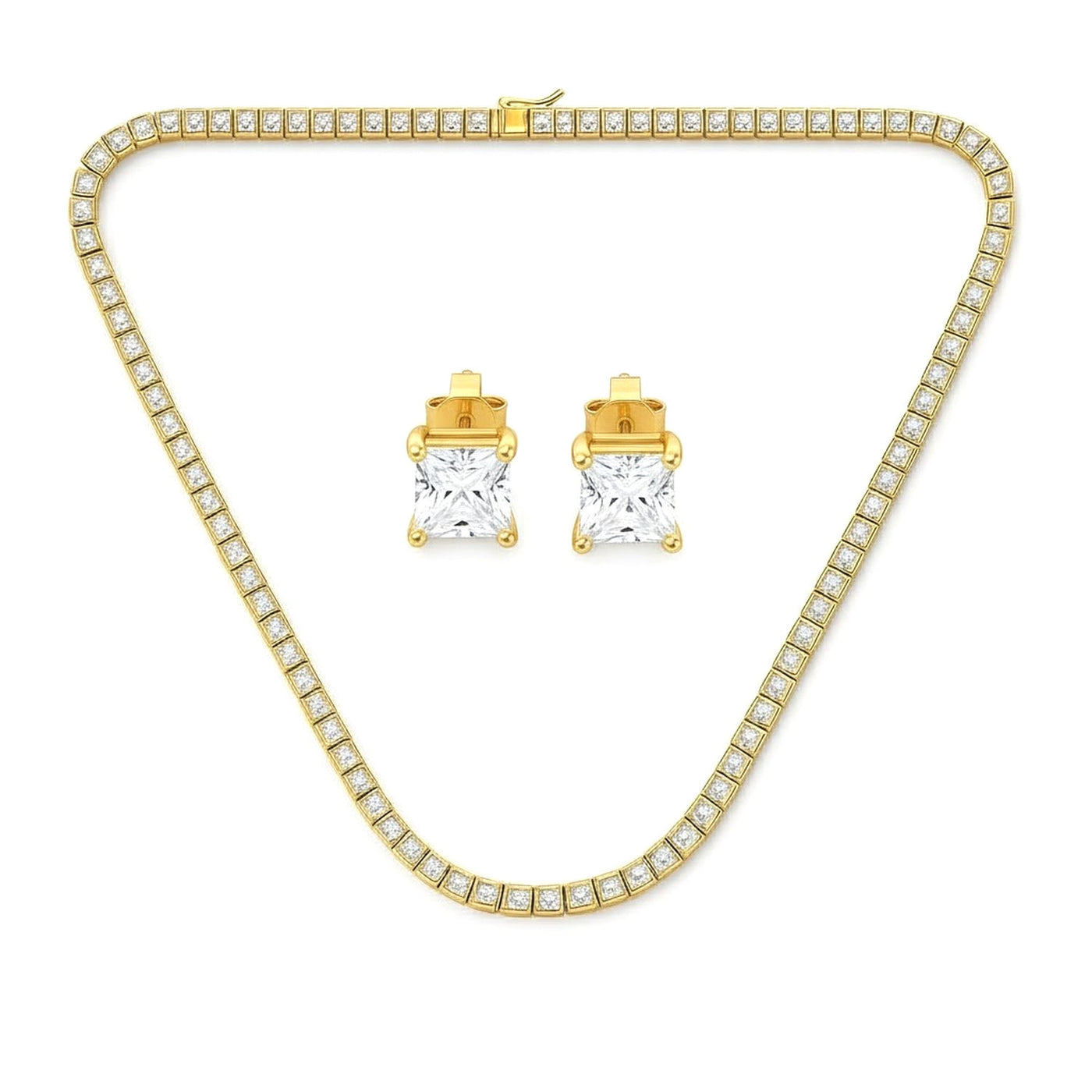 Princess Cut CZ Tennis Necklace & 1CT Solitaire Stud Earrings Set Gold Plated