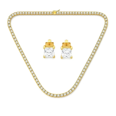 Princess Cut CZ Tennis Necklace & 1CT Solitaire Stud Earrings Set Gold Plated