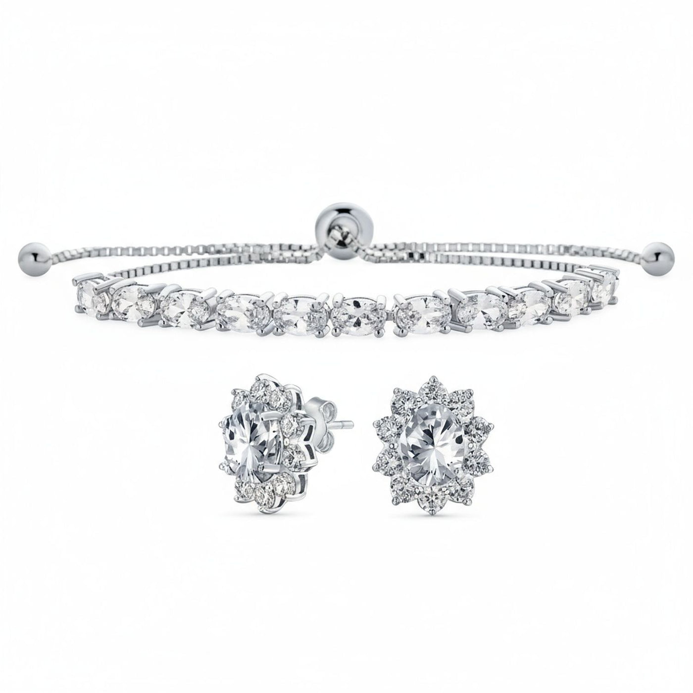 Bridal Prom Oval CZ Bolo Tennis Bracelet & Halo Stud Earrings Jewelry Set