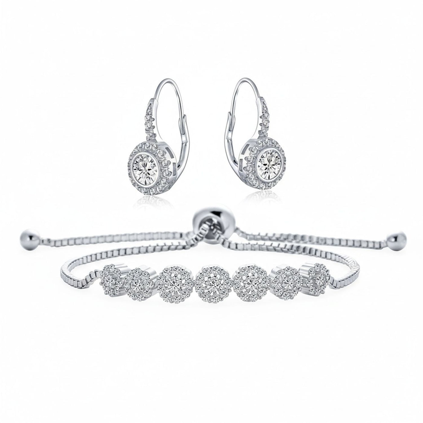 Bridal Prom CZ Rose Flower Bracelet & Rosette Drop Earrings Jewelry Set