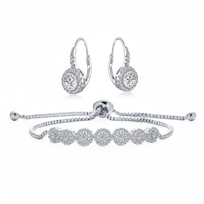 Bridal Prom CZ Rose Flower Bracelet & Rosette Drop Earrings Jewelry Set