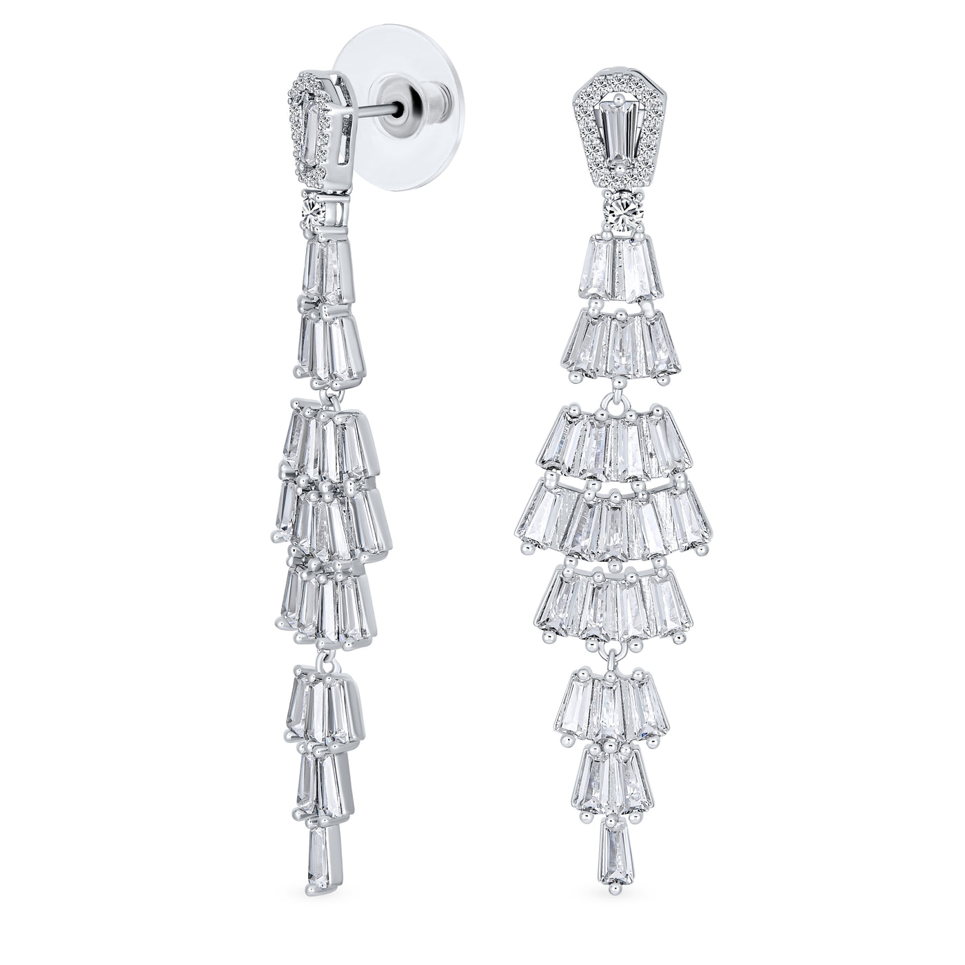 Art Deco Asian Bridal CZ Baguette Statement Fan Chandelier Earrings