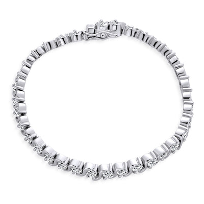 Bridal Wave S Link CZ Solitaire Tennis Bracelet Silver Plated 7,7.5"