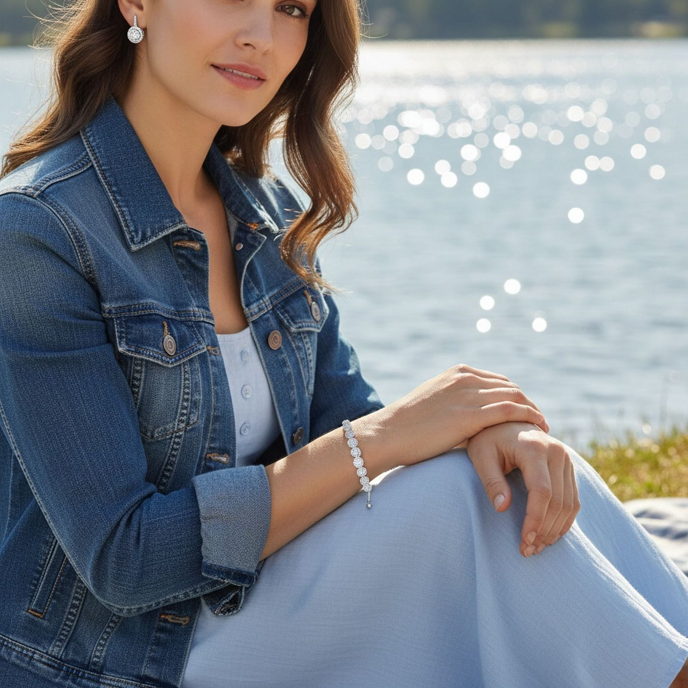 Bridal Prom CZ Rose Flower Bracelet & Rosette Drop Earrings Jewelry Set