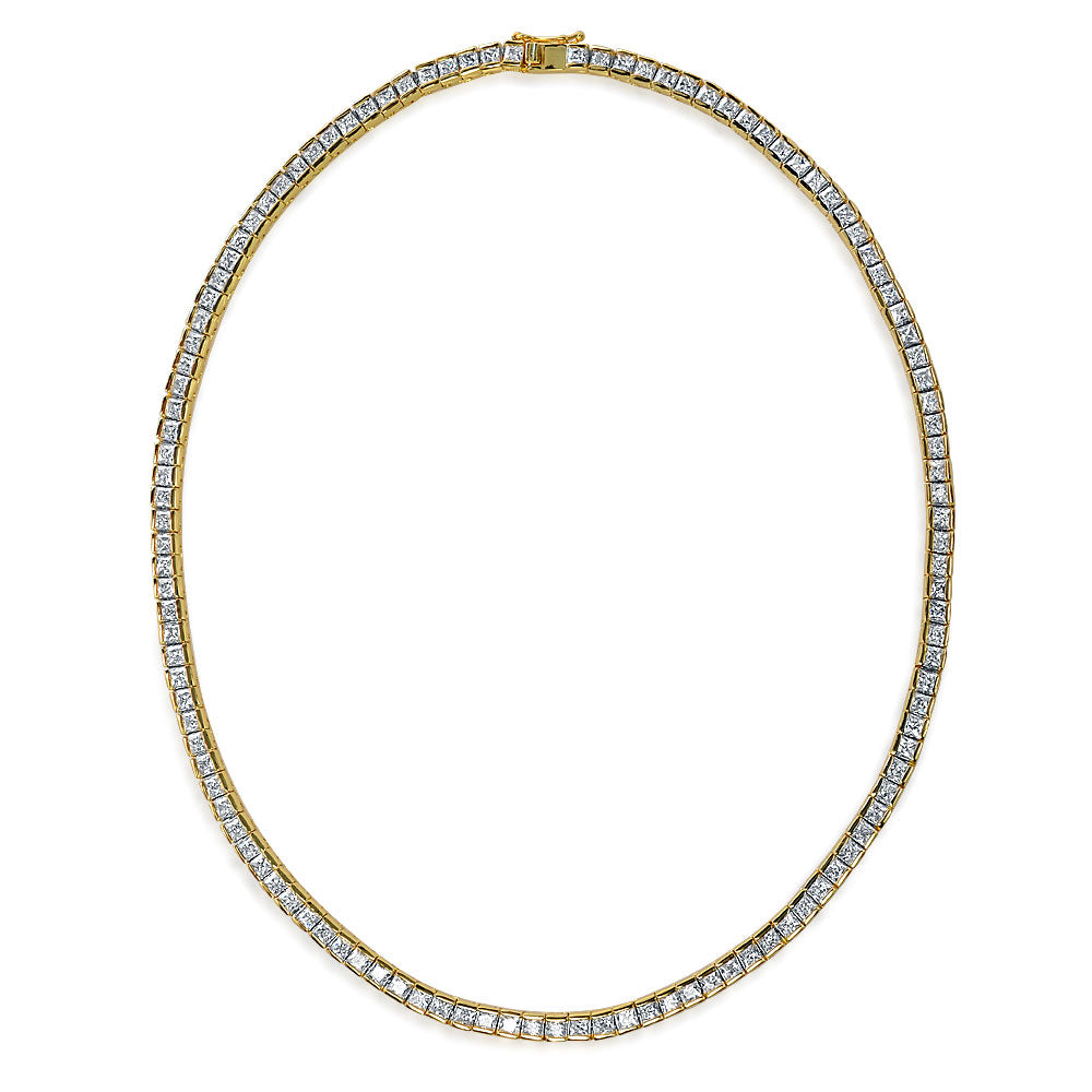 Princess Cut CZ Tennis Necklace & 1CT Solitaire Stud Earrings Set Gold Plated
