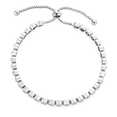 Bridal Prom Round CZ Tennis Bolo Bracelet & Solitaire Stud Earrings Jewelry Set