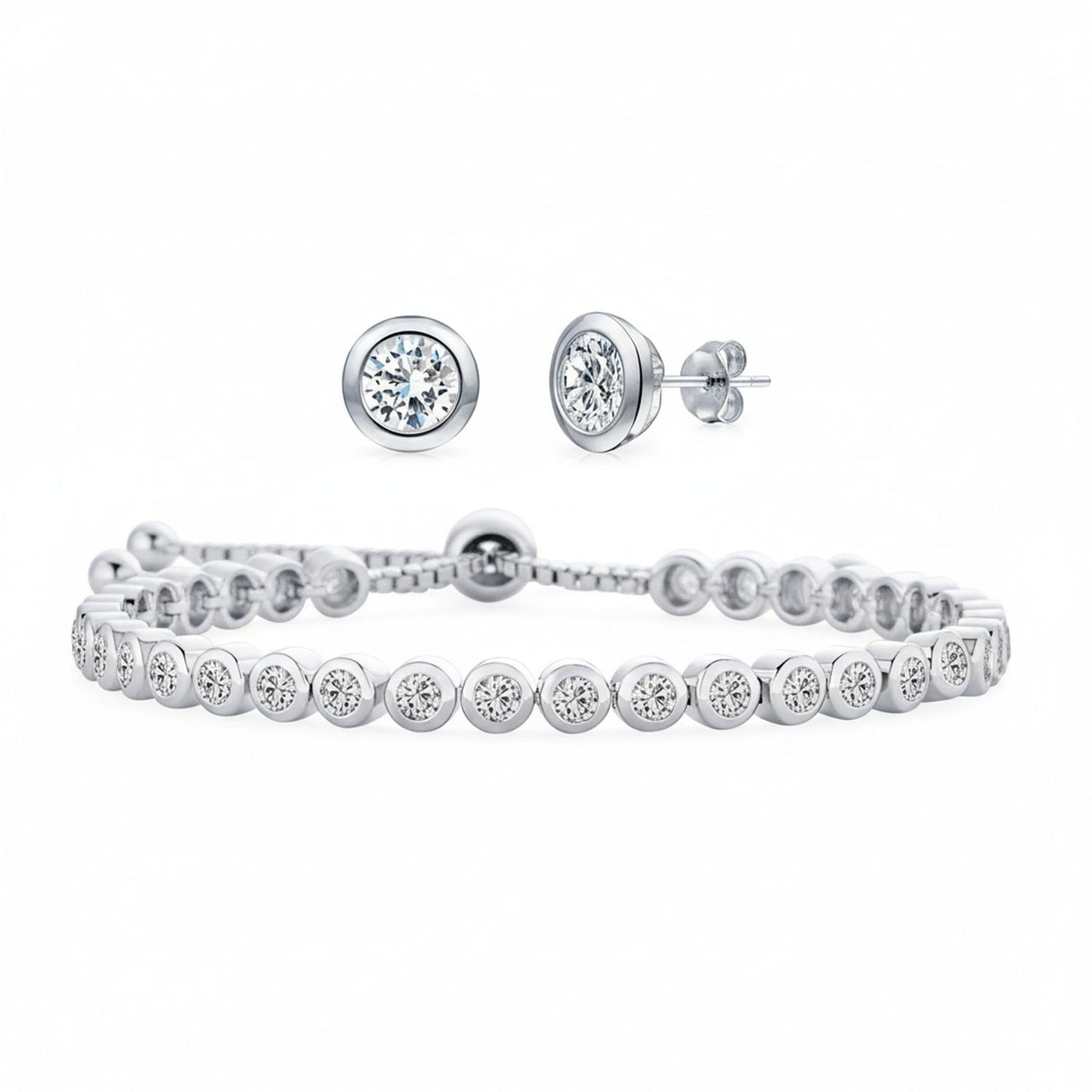 Bridal Prom Round CZ Tennis Bolo Bracelet & Solitaire Stud Earrings Jewelry Set