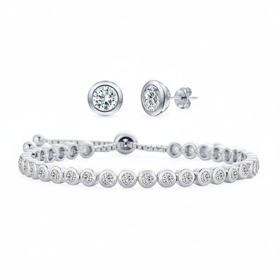 Bridal Prom Round CZ Tennis Bolo Bracelet & Solitaire Stud Earrings Jewelry Set