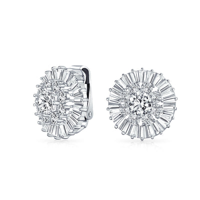Wedding CZ Baguette Pave Round Clip On Earrings Ears Silver Plated