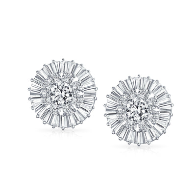 Wedding CZ Baguette Pave Round Clip On Earrings Ears Silver Plated
