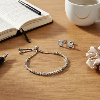 Bridal Prom Round CZ Tennis Bolo Bracelet & Solitaire Stud Earrings Jewelry Set