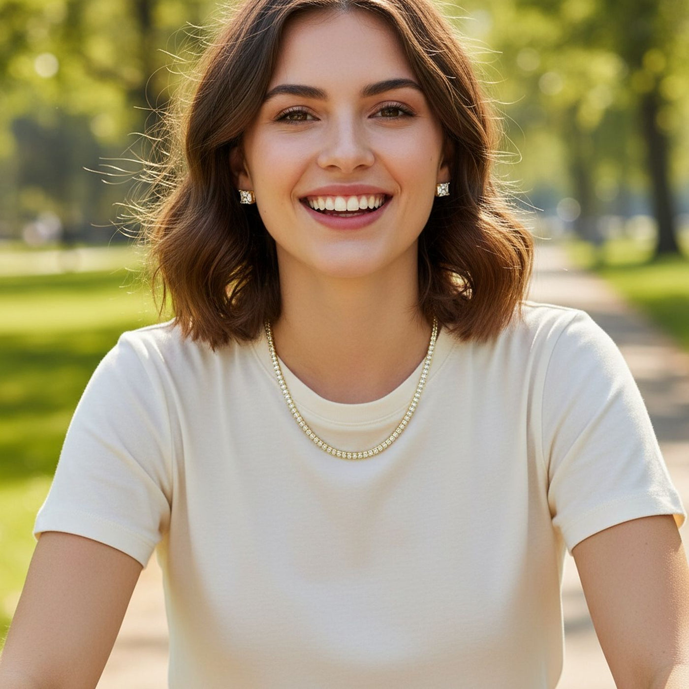 Princess Cut CZ Tennis Necklace & 1CT Solitaire Stud Earrings Set Gold Plated