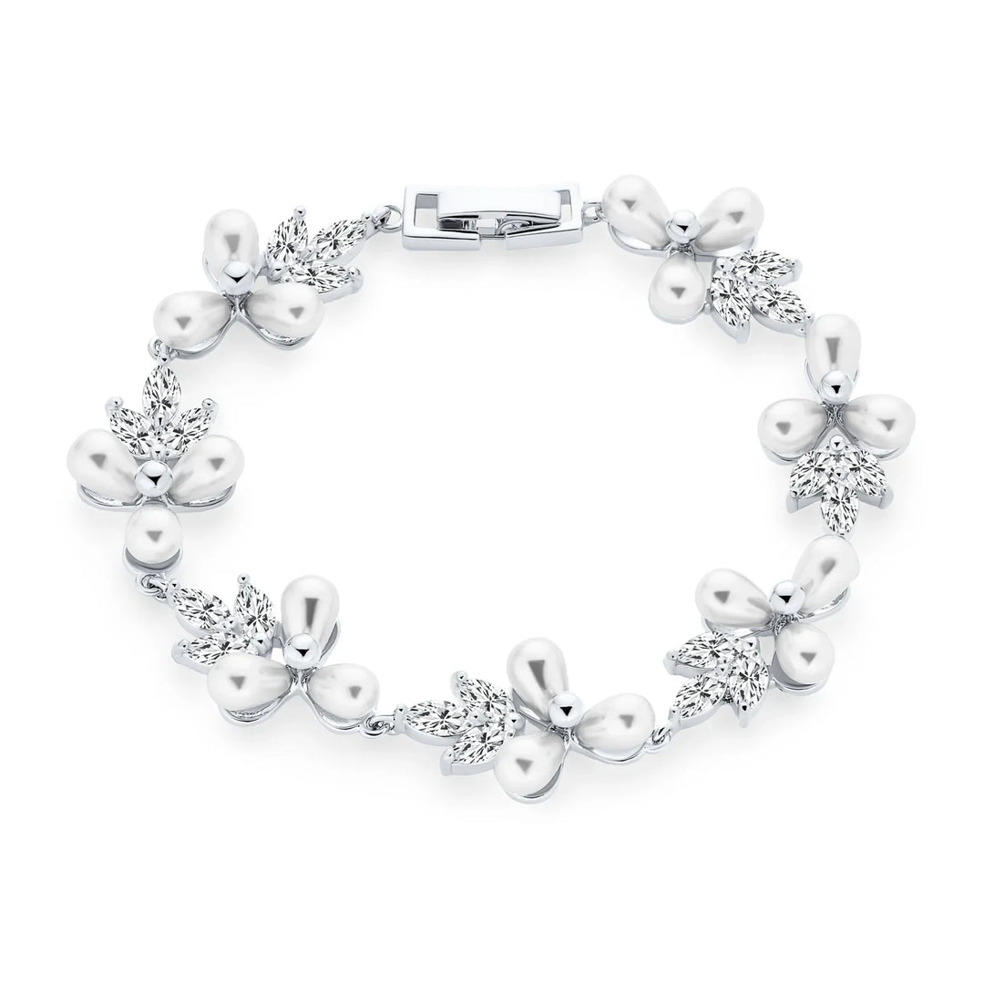 Bridal Strand Bracelet CZ Flowers Freshwater Pearl Silver Plated