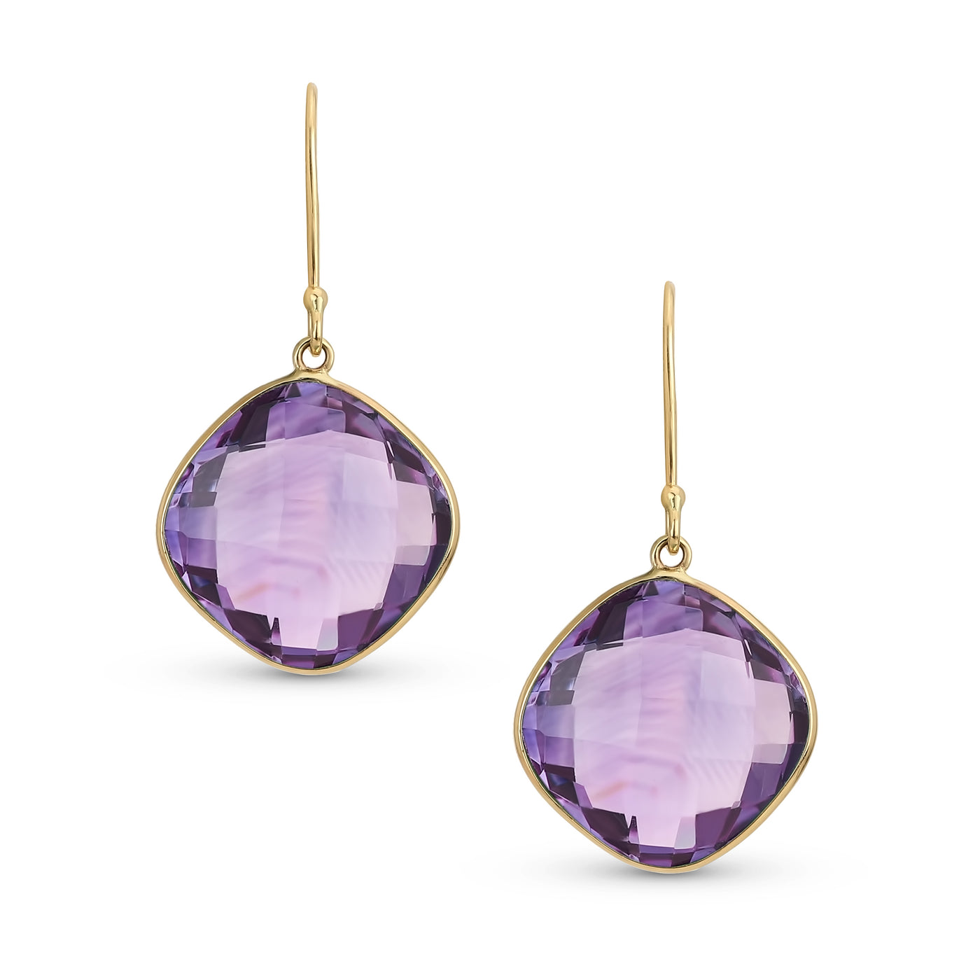 Classic 10K Gold Briolette Square Gemstone Purple Amethyst Dangle Drop Earrings