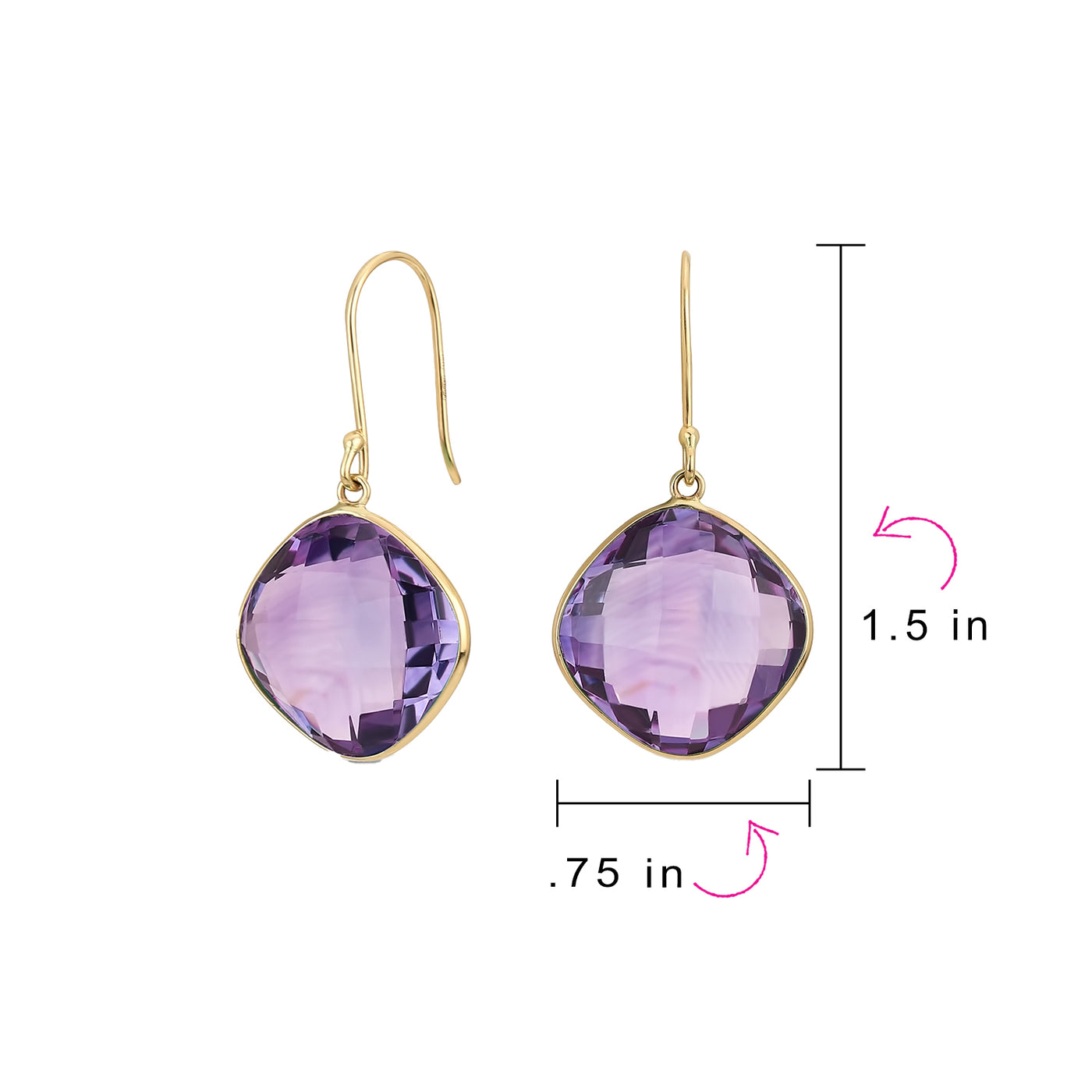 Classic 10K Gold Briolette Square Gemstone Purple Amethyst Dangle Drop Earrings