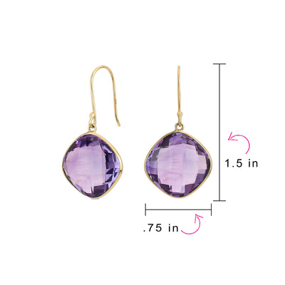 Classic 10K Gold Briolette Square Gemstone Purple Amethyst Dangle Drop Earrings
