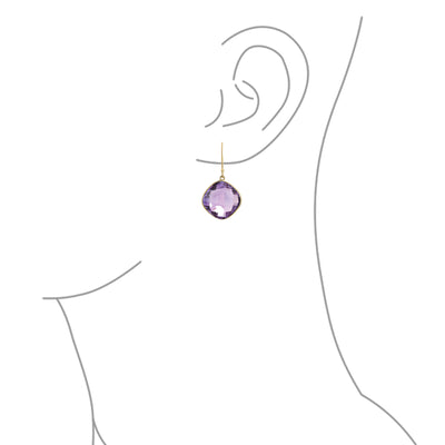 Classic 10K Gold Briolette Square Gemstone Purple Amethyst Dangle Drop Earrings