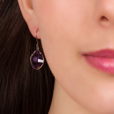 Classic 10K Gold Briolette Square Gemstone Purple Amethyst Dangle Drop Earrings
