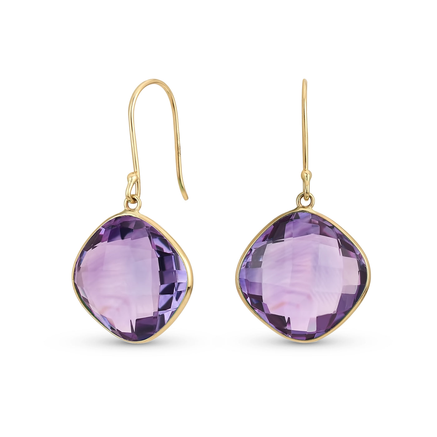 Classic 10K Gold Briolette Square Gemstone Purple Amethyst Dangle Drop Earrings