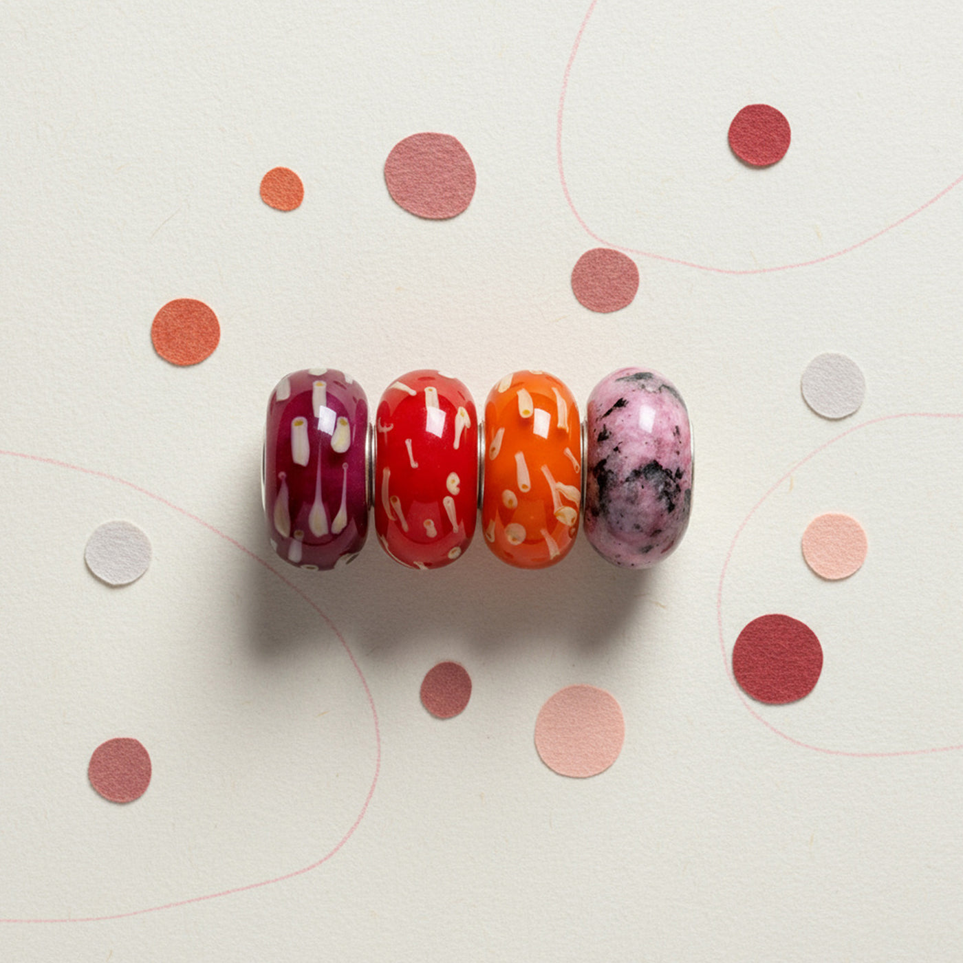 Mixed Set of 4 Sterling Silver Core Red Orange Pink Murano Glass Charm Beads