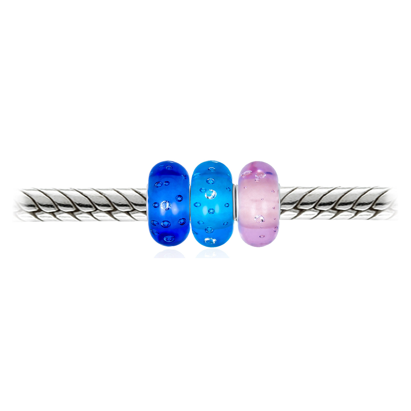 Transparent Aqua Blue Pink Bubble Glass Set of 3 Silver Bead Charm