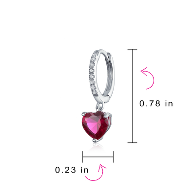 Imitation Ruby Red Pink CZ Heart Hoop Drop Earrings Sterling Silver